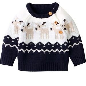 3-6 Month Baby Boy Girl Reindeer Sweater Navy Blue and white Cream Tan Holiday